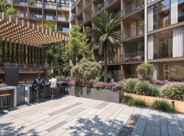 A coffee lounge and landscaped courtyards