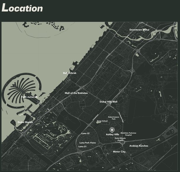 Map of Ashley Hills in Arjan with Dubai Hills Mall, Mall of the Emirates, Downtown Dubai and Palm Jumeirah